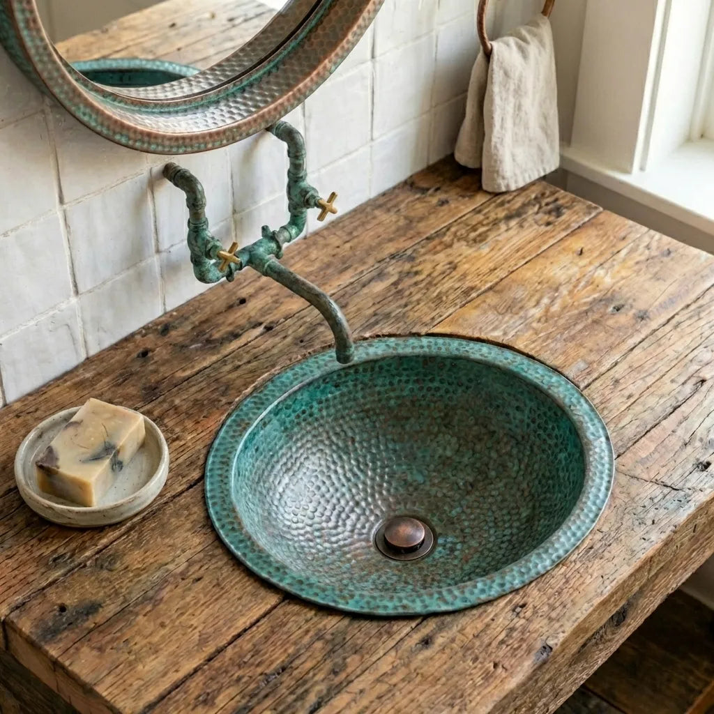 Hammered Green Patina Copper Drop-In Sink – Oxidized Bathroom Vessel Basin