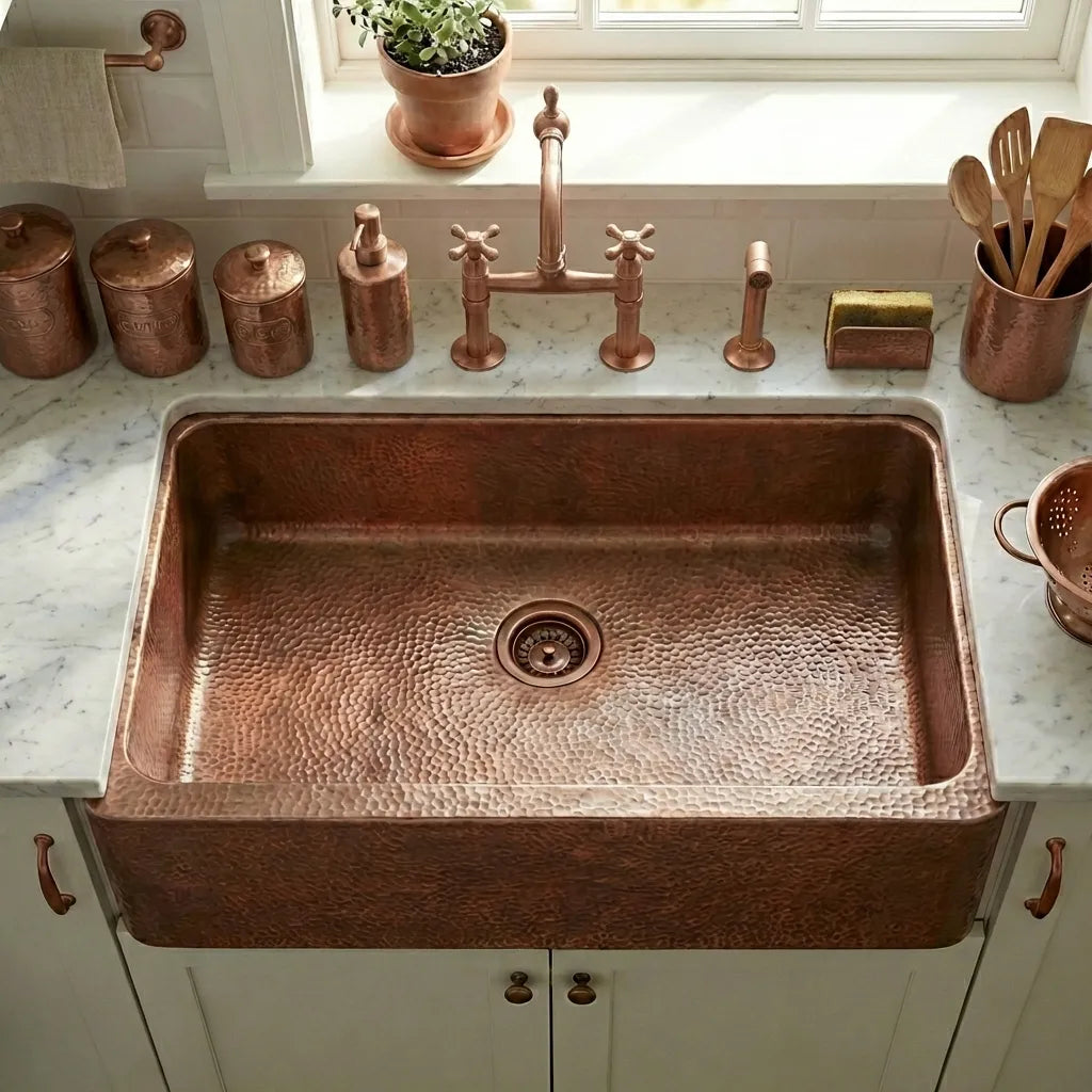 Hammered Copper Single Bowl Farmhouse Kitchen Sink-Deluxe
