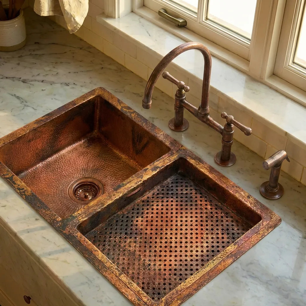 Hammered Double Bowl Copper Undermount Kitchen Sink - Zeta