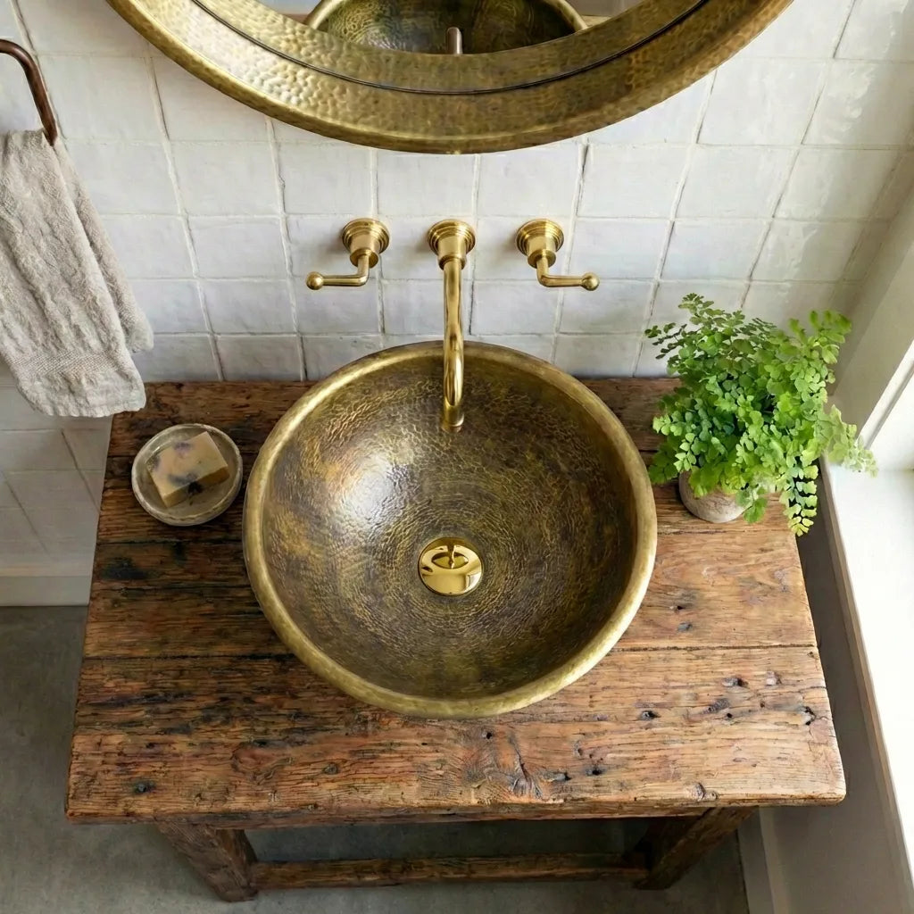 Antique Hammered Brass Vessel Sink Top Mount Bathroom Vanity