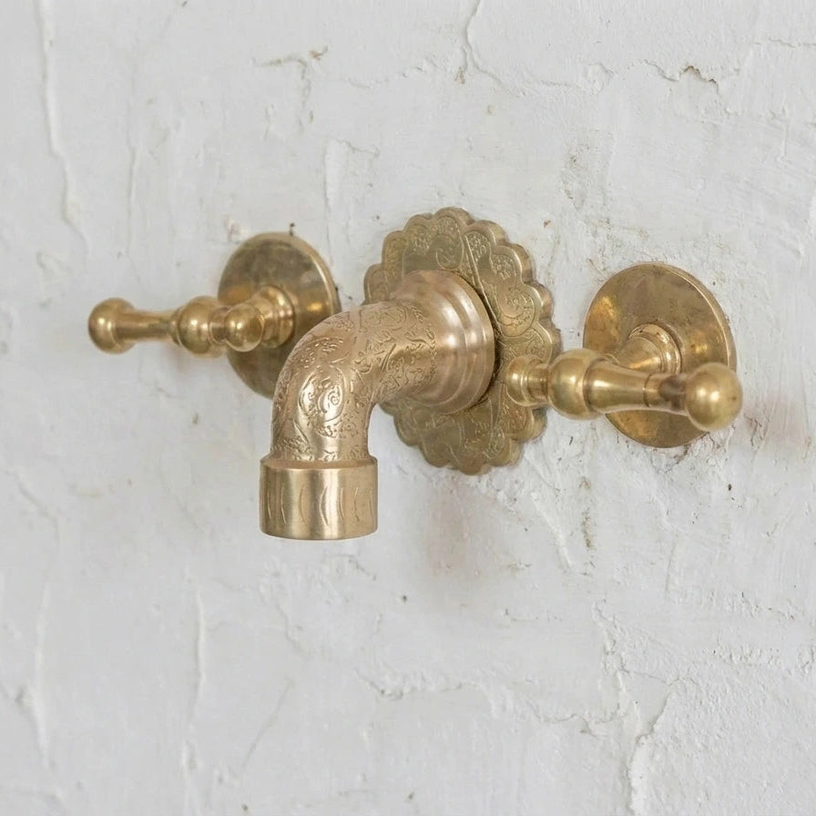 Engraved Unlacquered Brass Wall Faucet – Artisanal Vintage 3-Hole Bathroom Fixture