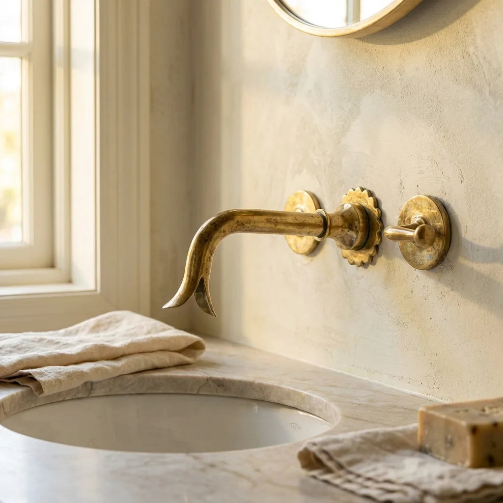 Brass faucet on a marble sink with natural light