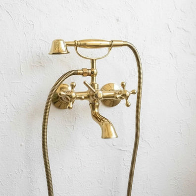 Vintage Unlacquered Brass Tub Faucet with Hand Shower - Wall MountUnlacquered Brass Wall Mount Tub Faucet with Hand Shower 