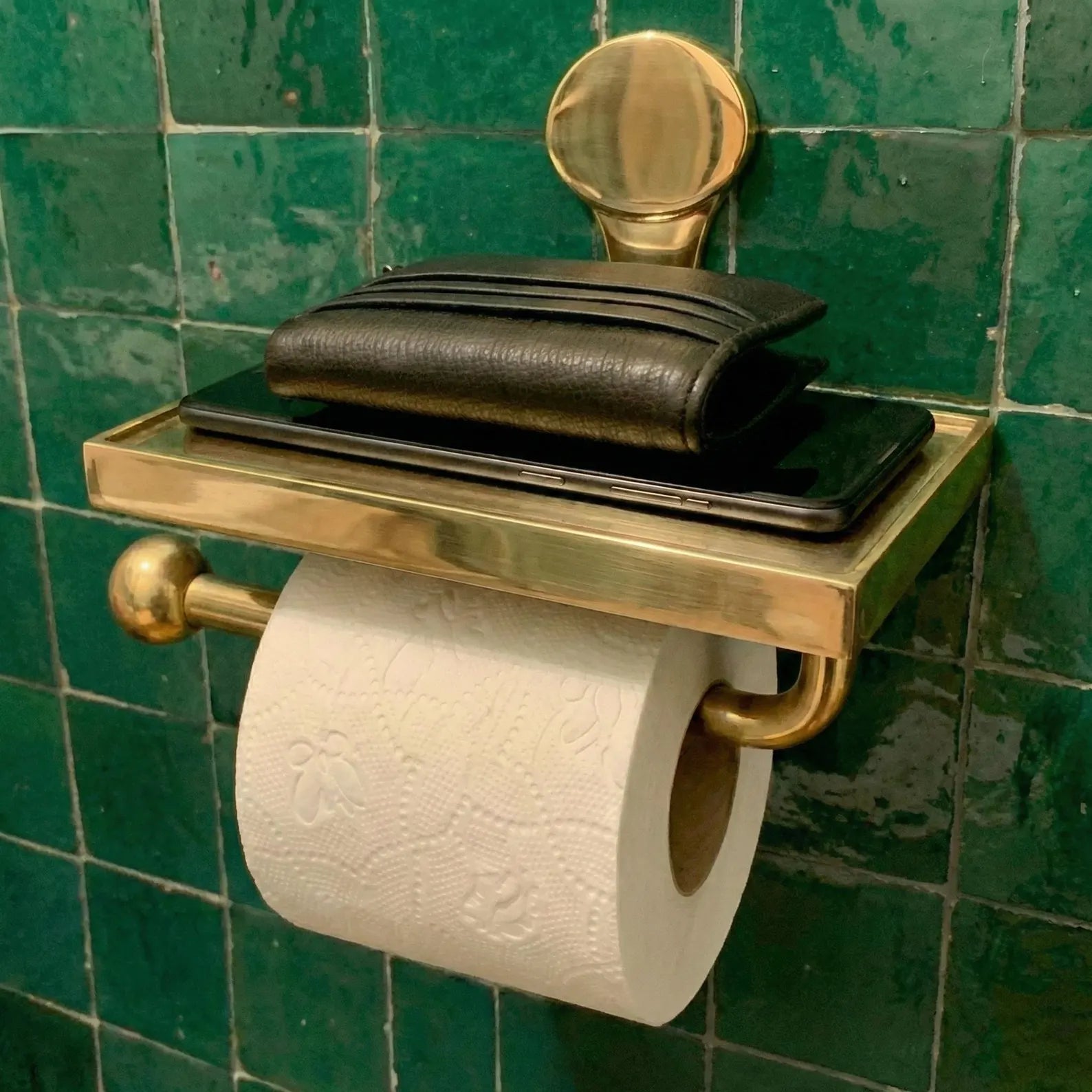 Unlacquered Brass Toilet Paper Holder with Phone ShelfBrass Toilet Paper Holder with Phone Shelf | Zayian
