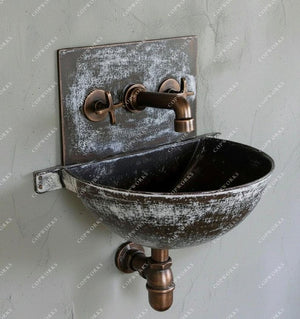 Aged Copper Wall Sink – White Patina Half Bowl Bathroom Basin with Faucet (Copy) - Zayian