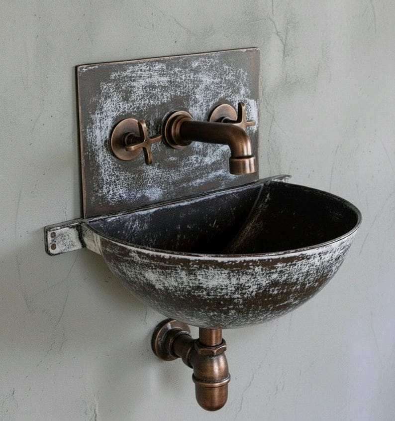 Aged Copper Wall Sink – White Patina Half Bowl Bathroom Basin with Faucet (Copy) - Zayian