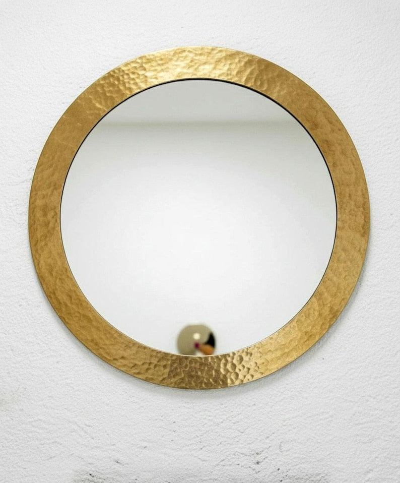 Hammered Brass Round Wall Mirror – Handmade Bathroom Vanity Accent