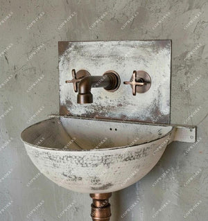 Aged Copper Wall Sink – White Patina Half Bowl Bathroom Basin with Faucet - Zayian