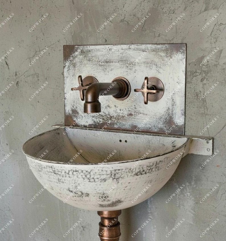 Aged Copper Wall Sink – White Patina Half Bowl Bathroom Basin with Faucet - Zayian