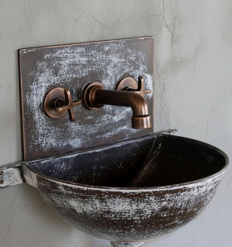 Aged Copper Wall Sink – White Patina Half Bowl Bathroom Basin with Faucet (Copy) - Zayian