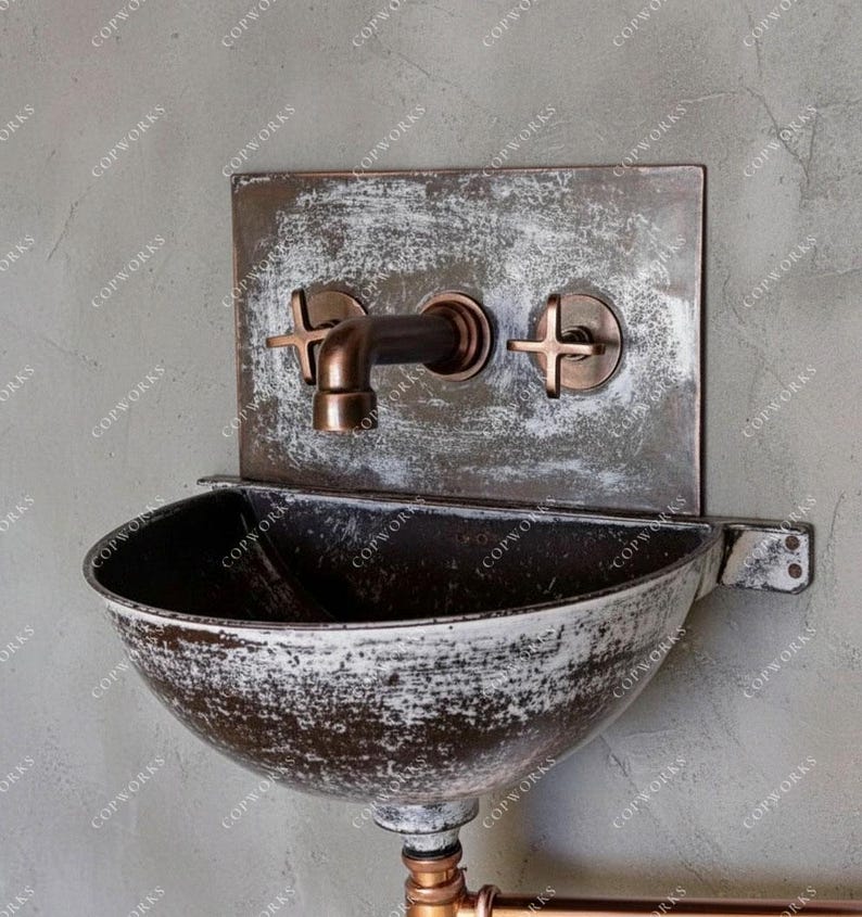 Aged Copper Wall Sink – White Patina Half Bowl Bathroom Basin with Faucet (Copy) - Zayian