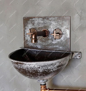 Aged Copper Wall Sink – White Patina Half Bowl Bathroom Basin with Faucet (Copy) - Zayian