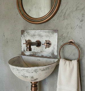 Aged Copper Wall Sink – White Patina Half Bowl Bathroom Basin with Faucet - Zayian