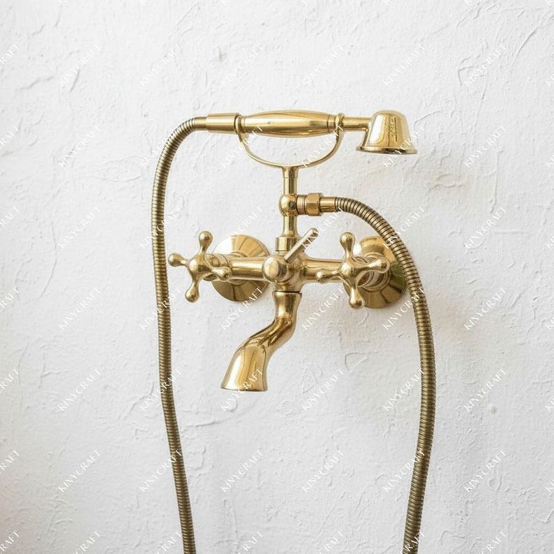 Vintage Unlacquered Brass Tub Faucet with Hand Shower – Wall Mount - Zayian