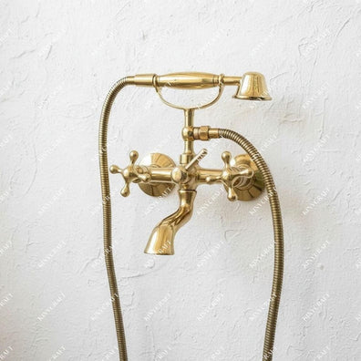 Vintage Unlacquered Brass Tub Faucet with Hand Shower - Wall MountUnlacquered Brass Wall Mount Tub Faucet with Hand Shower 