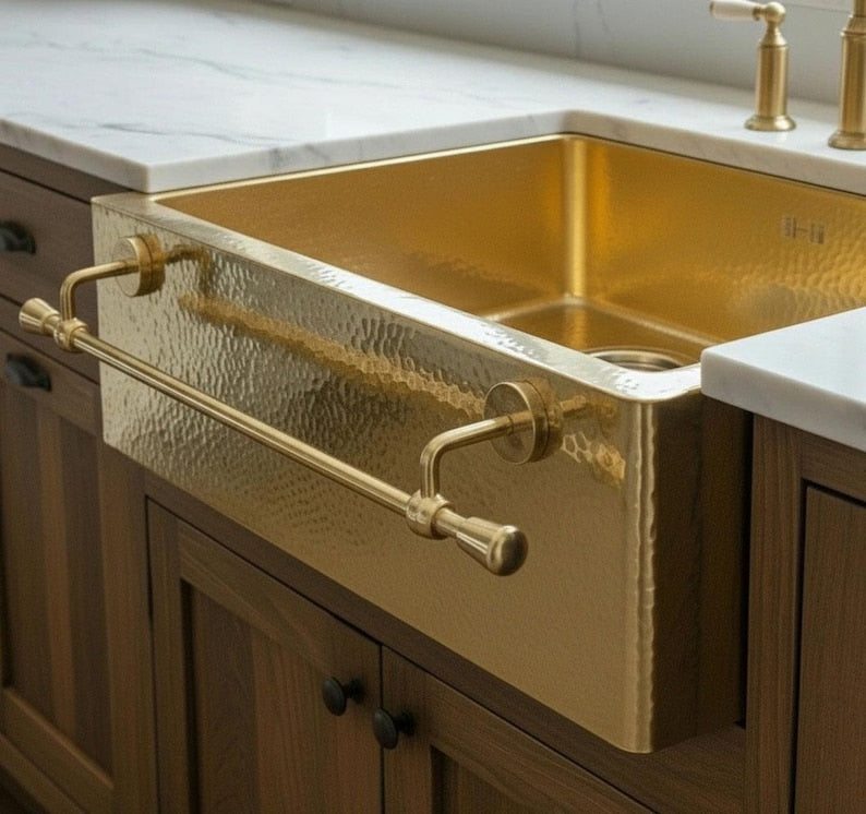 Hammered Brass Farmhouse Sink – Apron Brass Front Basin with Towel Bar - Zayian