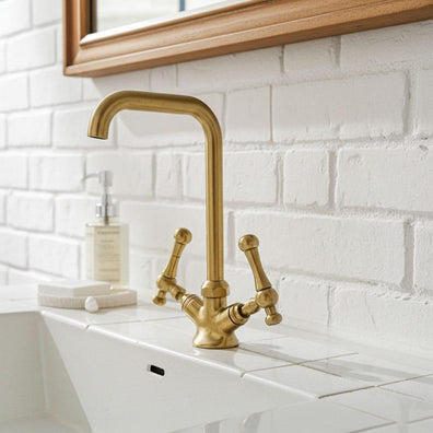 Unlacquered Brass High Spout Faucet - Vintage Dual Handle Basin TapUnlacquered Brass High Spout Bathroom Faucet | Vintage Basin Tap