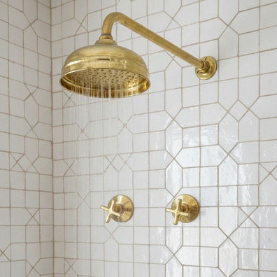 Unlacquered Brass Shower System - Wall Mount Rain Head & Cross ValvesUnlacquered Brass Wall Shower - Rain Head with Cross Valves