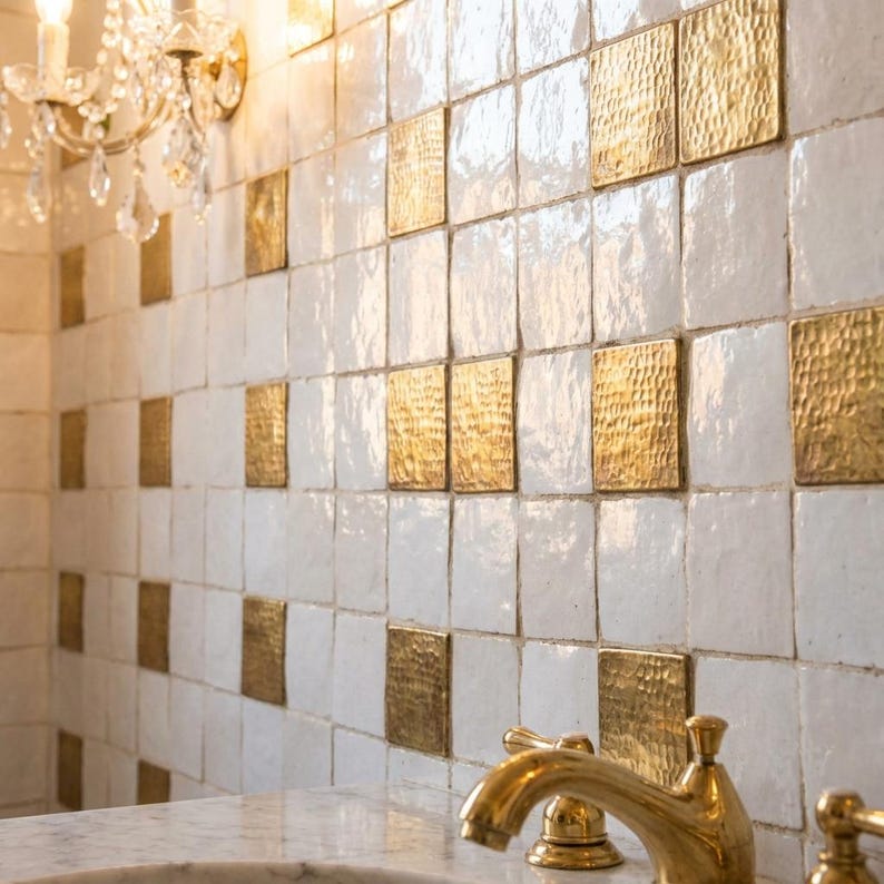 Hammered Brass Mosaic Tile – Unlacquered Metal Backsplash Square - Zayian