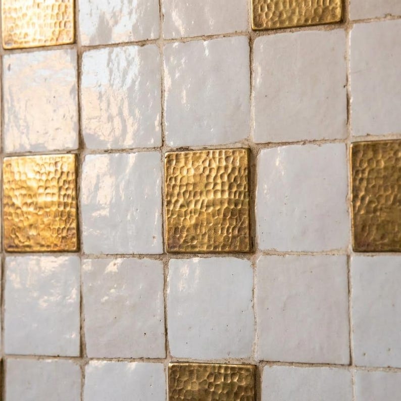 Hammered Brass Mosaic Tile – Unlacquered Metal Backsplash Square - Zayian