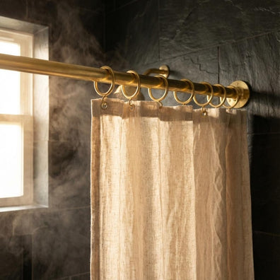Unlacquered Brass Shower Curtain Rod - Wall Mounted Rail with RingsUnlacquered Brass Shower Rod - Wall Mounted Curtain Rail | Copworks