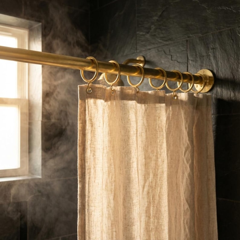 Unlacquered Brass Shower Curtain Rod – Wall Mounted Rail with Rings - Zayian