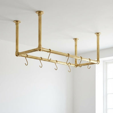 Solid Brass Ceiling Pot Rack – Handmade Hanging Kitchen Rail with HooksSolid Brass Ceiling Pot Rack –Handmade Hanging Kitchen Rail with Hooks