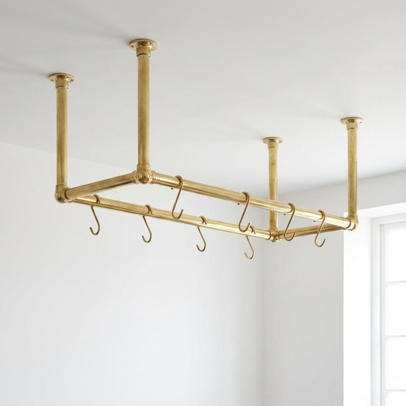Solid Brass Ceiling Pot Rack – Handmade Hanging Kitchen Rail with Hooks - Zayian