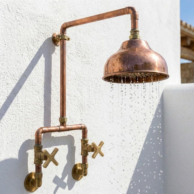 Handmade Copper Outdoor Shower – Wall Mounted Exposed Pipe System - Zayian