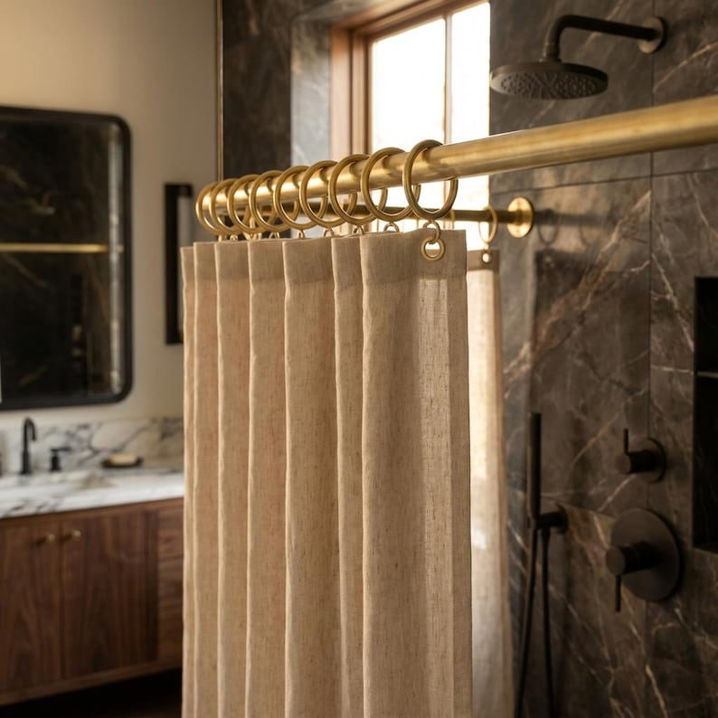 Unlacquered Brass Shower Curtain Rod – Wall Mounted Rail with Rings - Zayian
