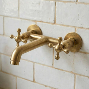 Unlacquered Brass Wall Faucet – Vintage Double-Handle Sink Tap - Zayian