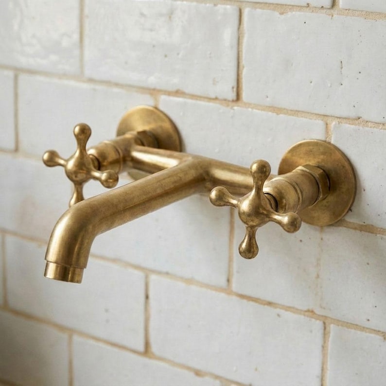 Unlacquered Brass Wall Faucet – Vintage Double-Handle Sink Tap - Zayian