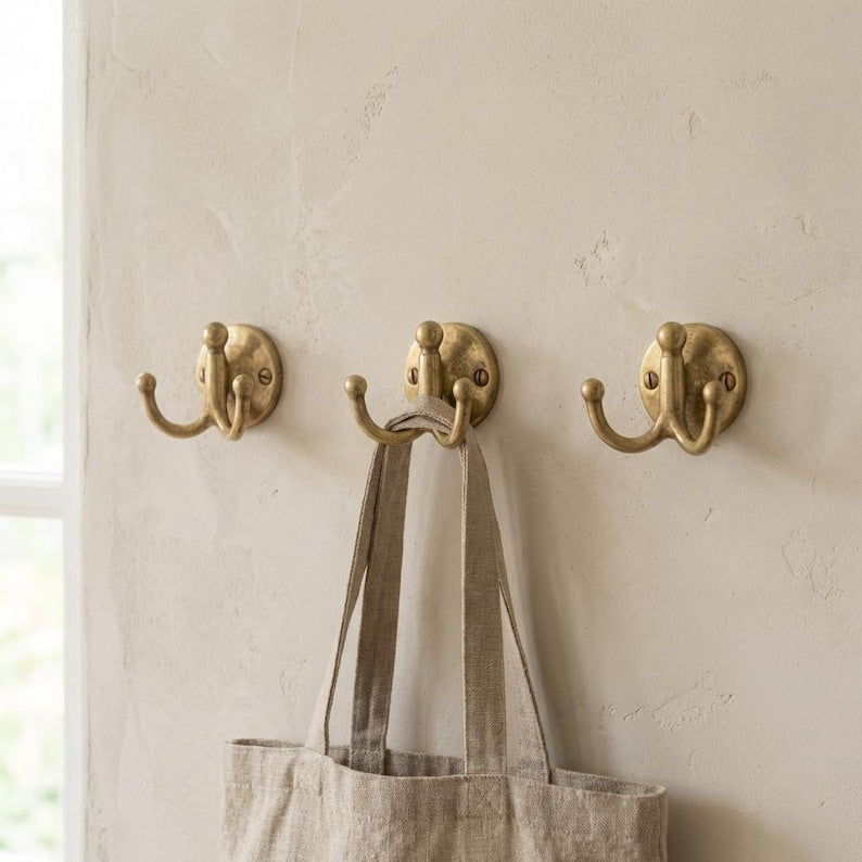 Unlacquered Brass Double Wall Hook - Solid Brass Coat & Towel HookUnlacquered Brass Double Wall Hook | Solid Brass Coat Hook