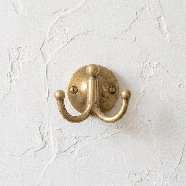 Unlacquered Brass Double Wall Hook - Solid Brass Coat & Towel HookUnlacquered Brass Double Wall Hook | Solid Brass Coat Hook