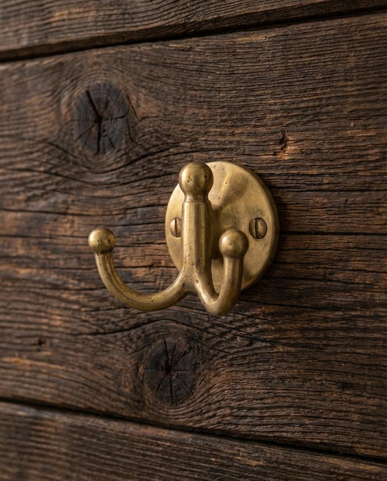 Unlacquered Brass Double Wall Hook - Solid Brass Coat & Towel HookUnlacquered Brass Double Wall Hook | Solid Brass Coat Hook