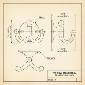 Technical drawing of a brass double hook with dimensions and specifications.