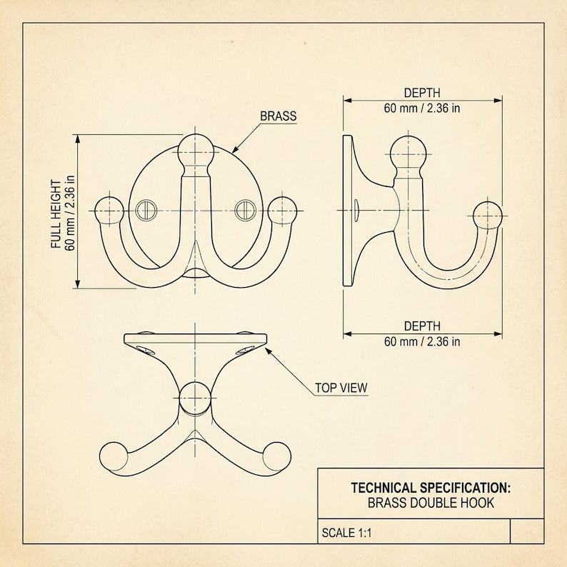 Technical drawing of a brass double hook with dimensions and specifications.