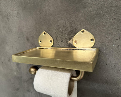 Solid Brass Toilet Paper Holder with Shelf - Handmade Wall Mount AccessorySolid Brass Toilet Paper Holder with Shelf | Handmade Wall Mount Accessory