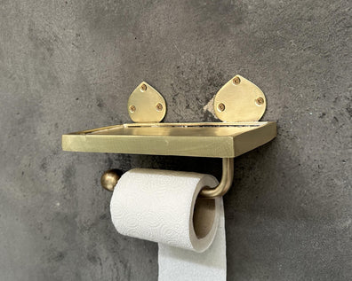 Solid Brass Toilet Paper Holder with Shelf - Handmade Wall Mount AccessorySolid Brass Toilet Paper Holder with Shelf | Handmade Wall Mount Accessory