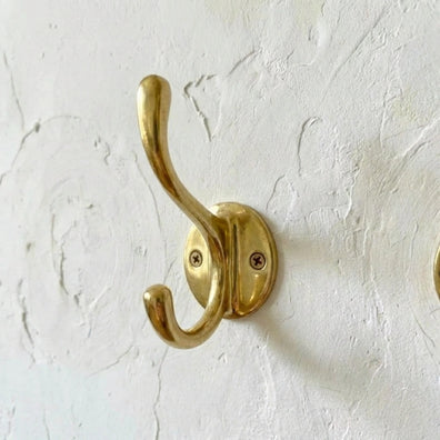 Unlacquered Solid Brass Double Wall Hook - Handmade Vintage Robe & Coat HookHandmade Unlacquered Brass Double Robe Hooks