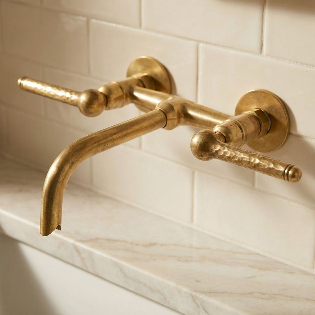 Unlacquered Brass Wall Faucet – Hammered Lever Handle Basin Mixer - Zayian
