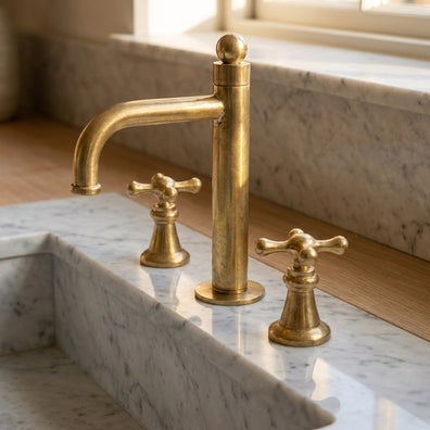 Unlacquered Brass Widespread Faucet - Classic Cross-Handle Bathroom TapUnlacquered Brass Widespread Bathroom Faucet - Classic Cross Handles