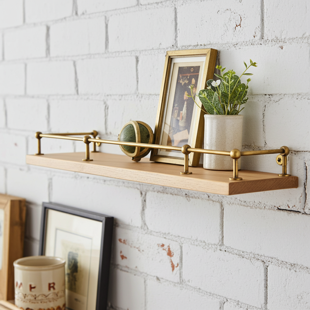 Unlacquered Brass Gallery Rail Shelf – Vintage Wall Shelf with Solid Brass Rod - Zayian