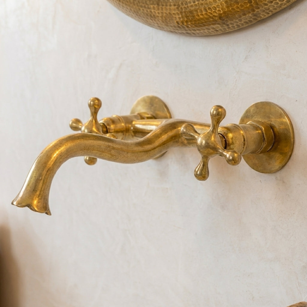 Unlacquered Brass Wall Faucet with Cross Handles – Handmade Tap