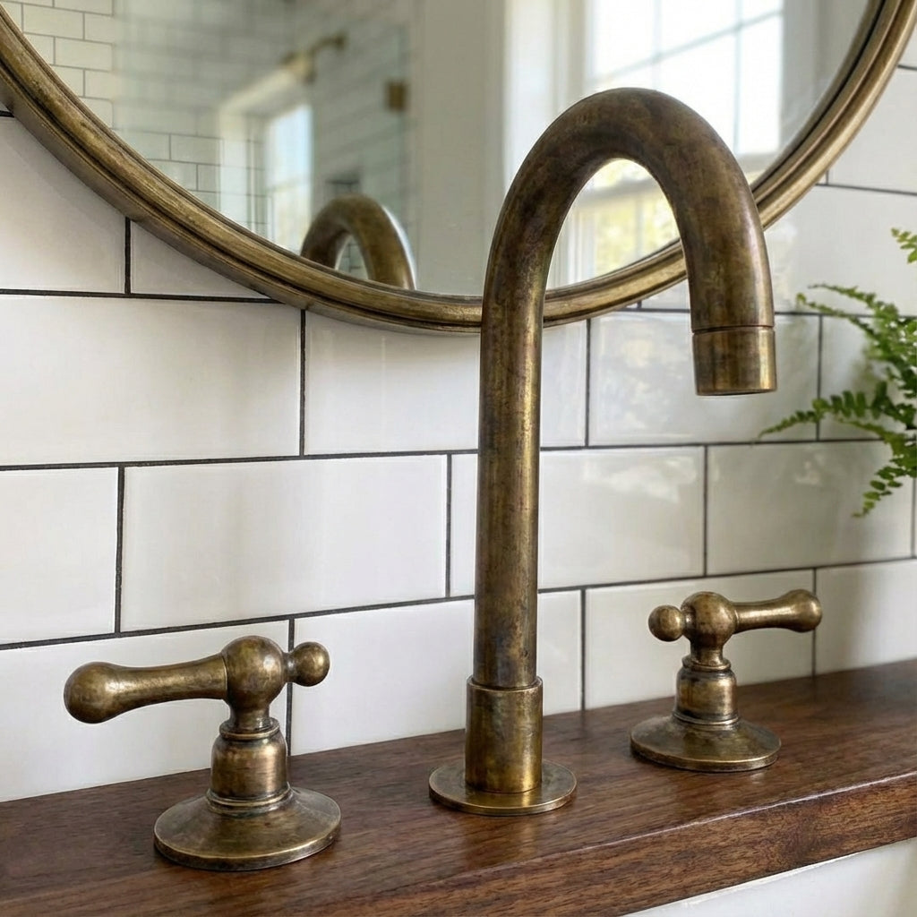 Unlacquered Brass Widespread Bathroom Faucet with Lever Handles - Zayian