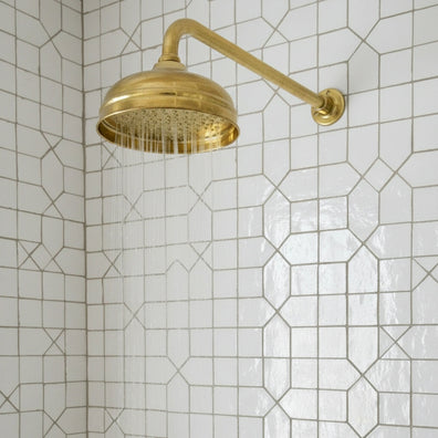 Unlacquered Brass Shower System - Wall Mount Rain Head & Cross ValvesUnlacquered Brass Wall Shower - Rain Head with Cross Valves