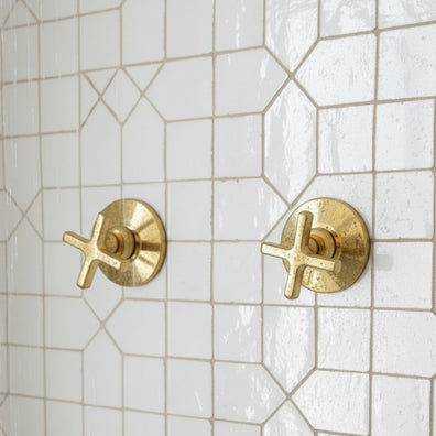 Unlacquered Brass Shower System - Wall Mount Rain Head & Cross ValvesUnlacquered Brass Wall Shower - Rain Head with Cross Valves