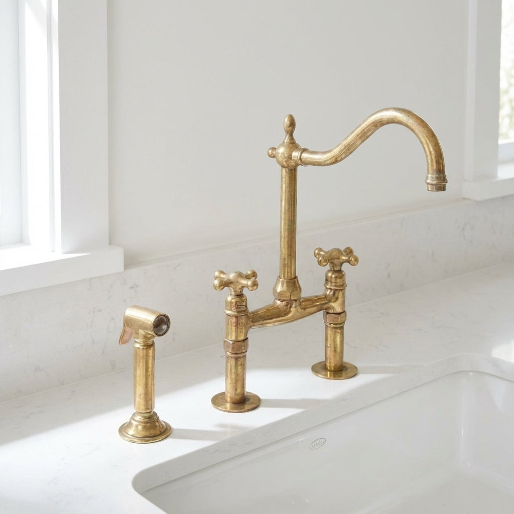 Traditional Unlacquered Brass Bridge Kitchen Faucet With Sprayer - Zayian