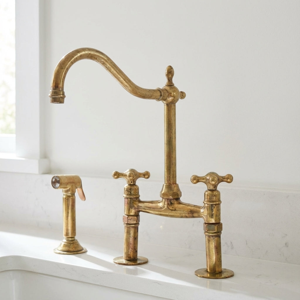 Traditional Unlacquered Brass Bridge Kitchen Faucet With Sprayer - Zayian