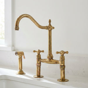 Traditional Unlacquered Brass Bridge Kitchen Faucet With Sprayer - Zayian